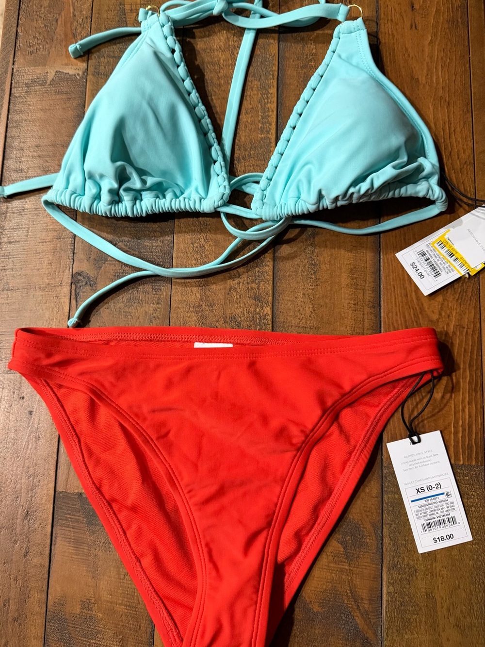Women’s Two-Piece Bikini Set - Aqua Triangle Top & orange Bottom
